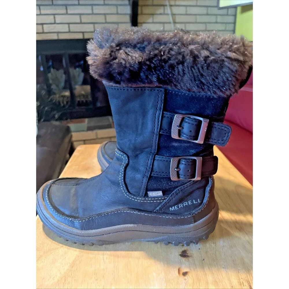 Merrell Boot Women's Size 6 Decora Chant Black Zip Faux Fur Waterproof Snow Work